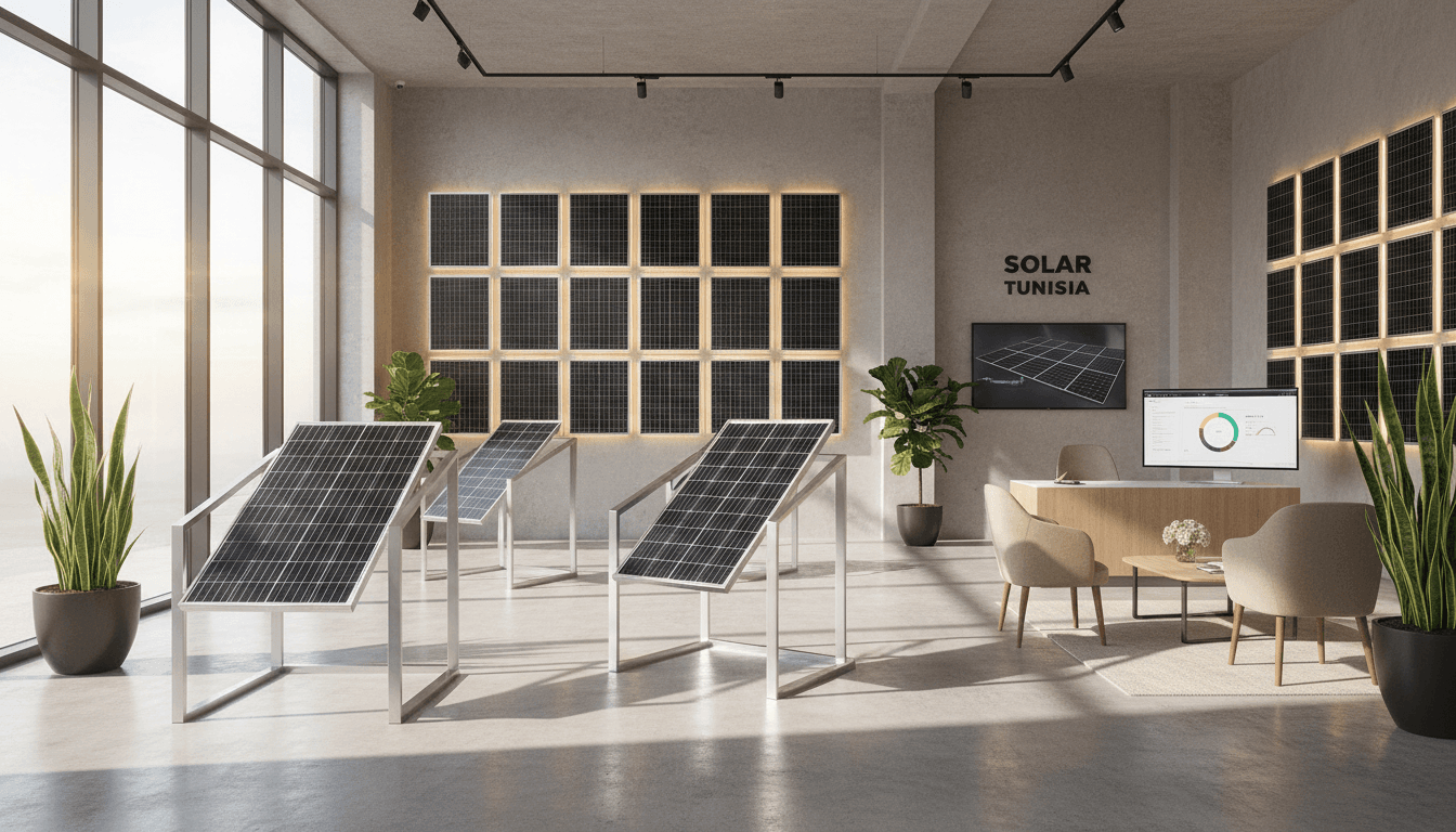 Showroom moderne de Volta Energy à Sousse avec panneaux solaires exposés et espace de consultation