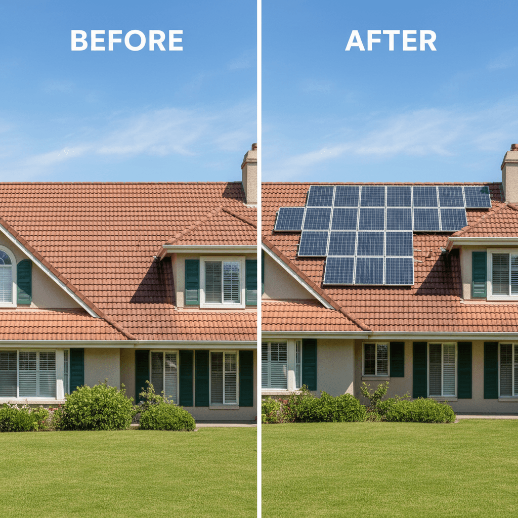 Avant et après installation solaire sur toit résidentiel