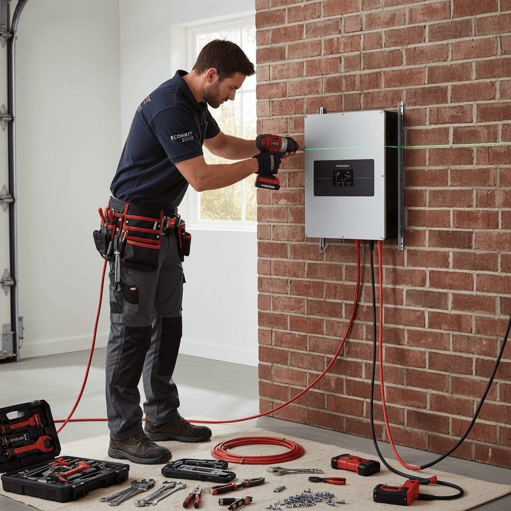 Technicien Volta Energy posant un onduleur solaire