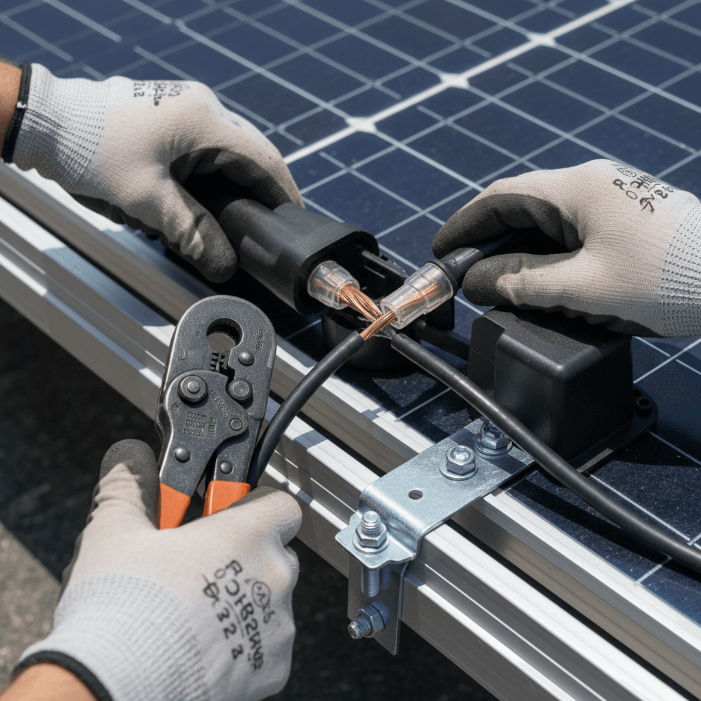 Technician's hands carefully connecting electrical wiring to solar panel connector with professional tools