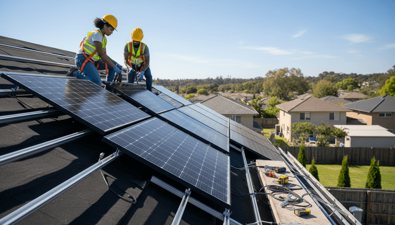 Technicien ajustant un panneau solaire sur un toit en plein soleil à Sousse