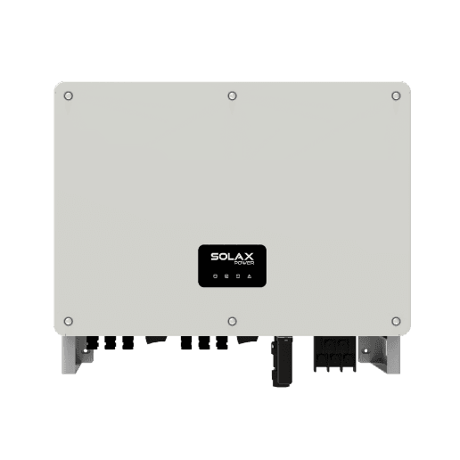 Onduleur solaire SolaX Power gris avec écran central et ports de connexion inférieurs.