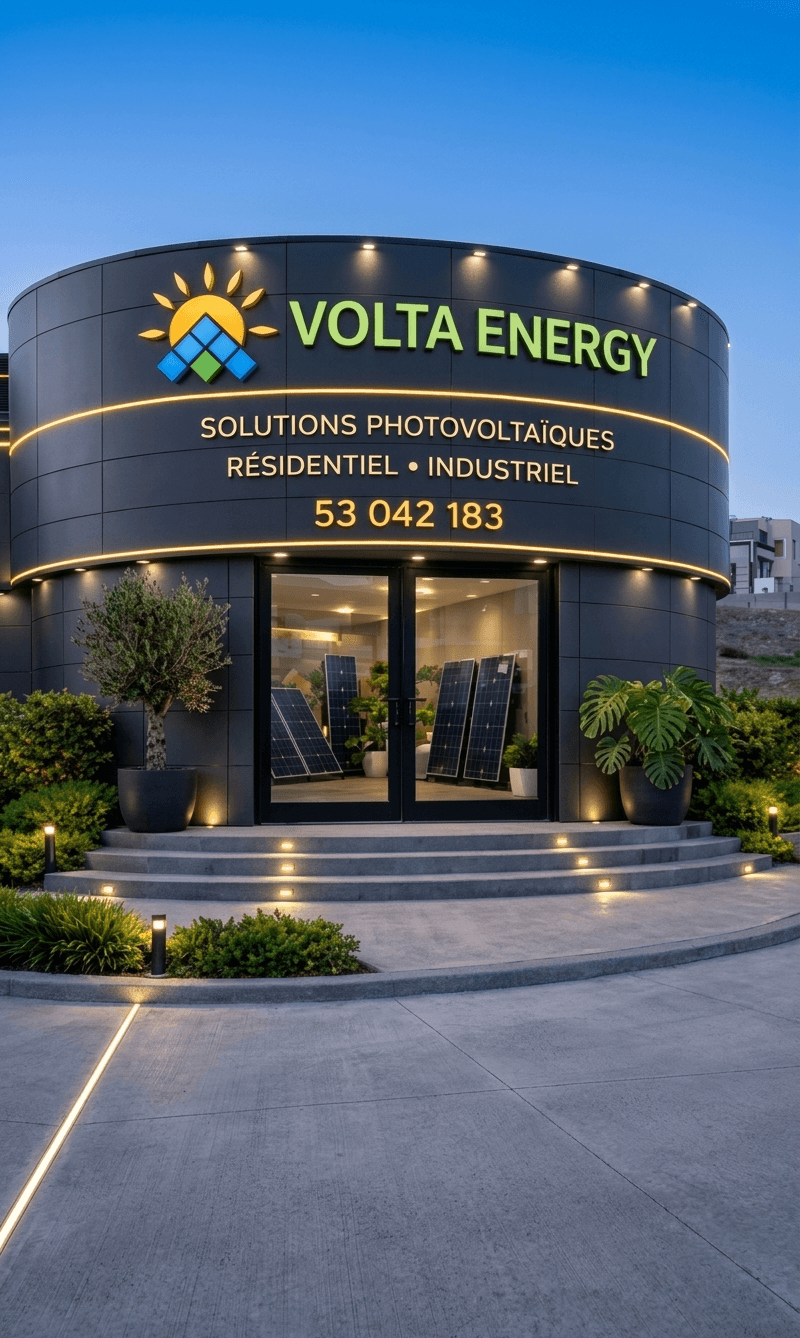 Façade moderne de Volta Energy affichant des solutions photovoltaïques avec des panneaux solaires exposés.