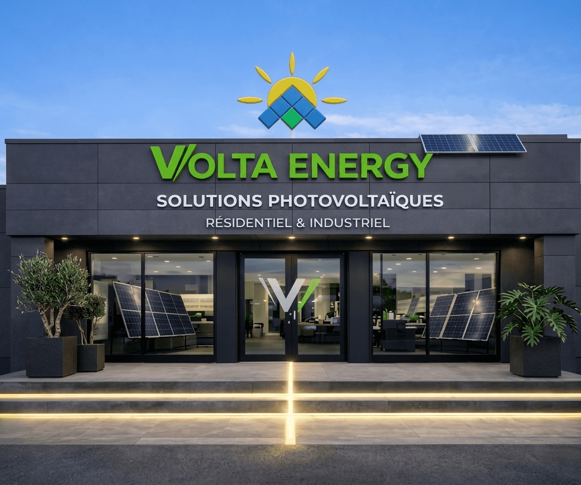 Façade moderne de Volta Energy avec panneaux solaires, logo ensoleillé et grandes vitrines éclairées.